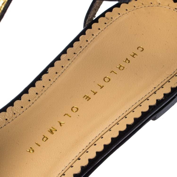 Pre Owned Charlotte Olympia Black/Gold Leather Parisienne Eiffel Tower Flat Sandals Size 41