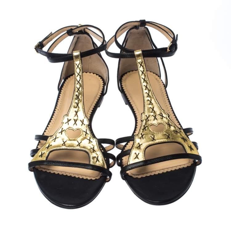 Pre Owned Charlotte Olympia Black/Gold Leather Parisienne Eiffel Tower Flat Sandals Size 41