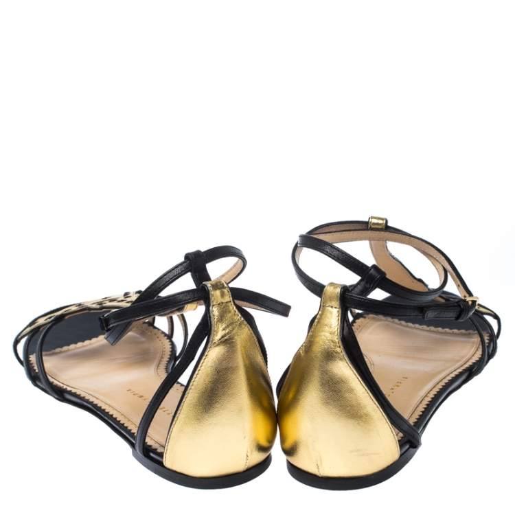 Pre Owned Charlotte Olympia Black/Gold Leather Parisienne Eiffel Tower Flat Sandals Size 41