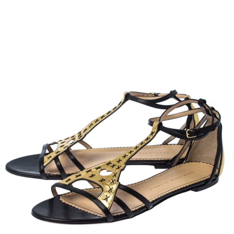 Pre Owned Charlotte Olympia Black/Gold Leather Parisienne Eiffel Tower Flat Sandals Size 41