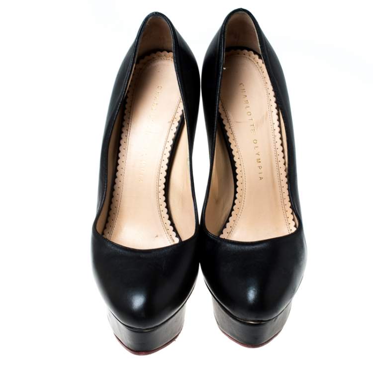 Pre Owned Charlotte Olympia Black Leather Dolly Platform Pumps Size 38