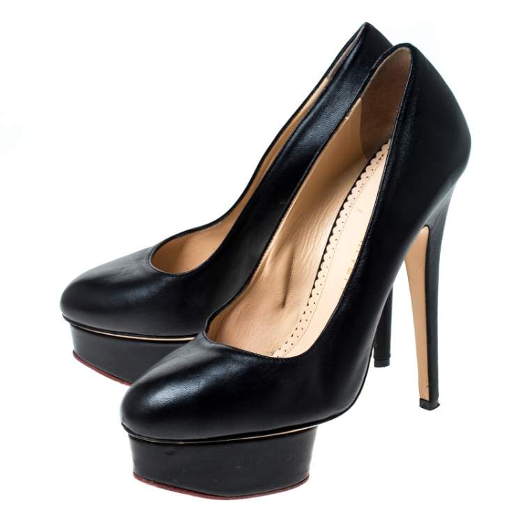 Pre Owned Charlotte Olympia Black Leather Dolly Platform Pumps Size 38