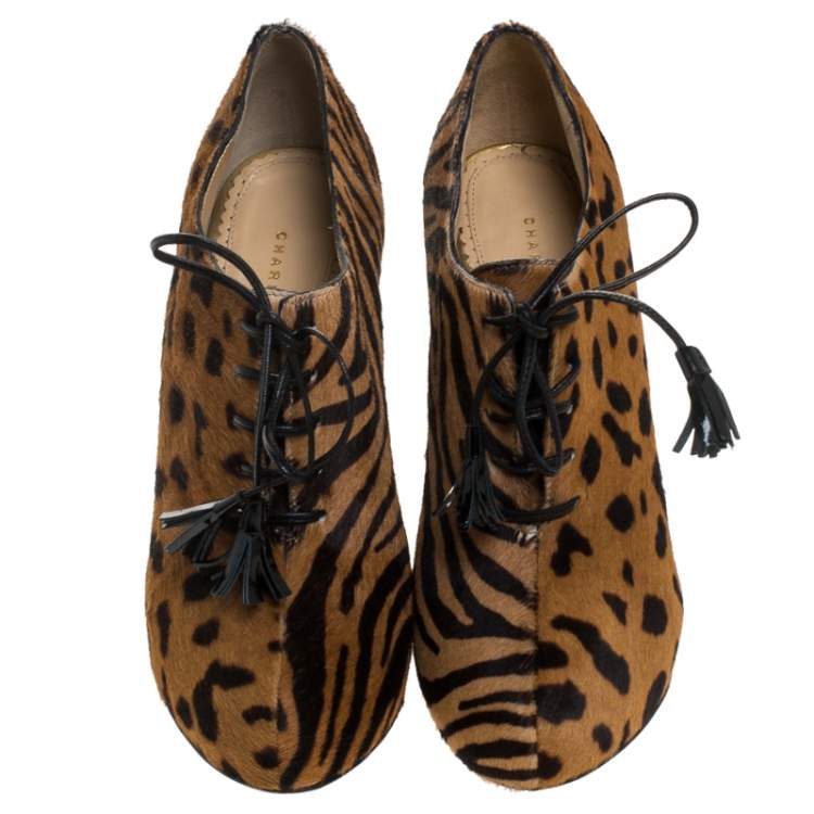 Pre Owned Charlotte Olympia Brown Leopard Print Calf Hair Ankle Booties Size 38.5