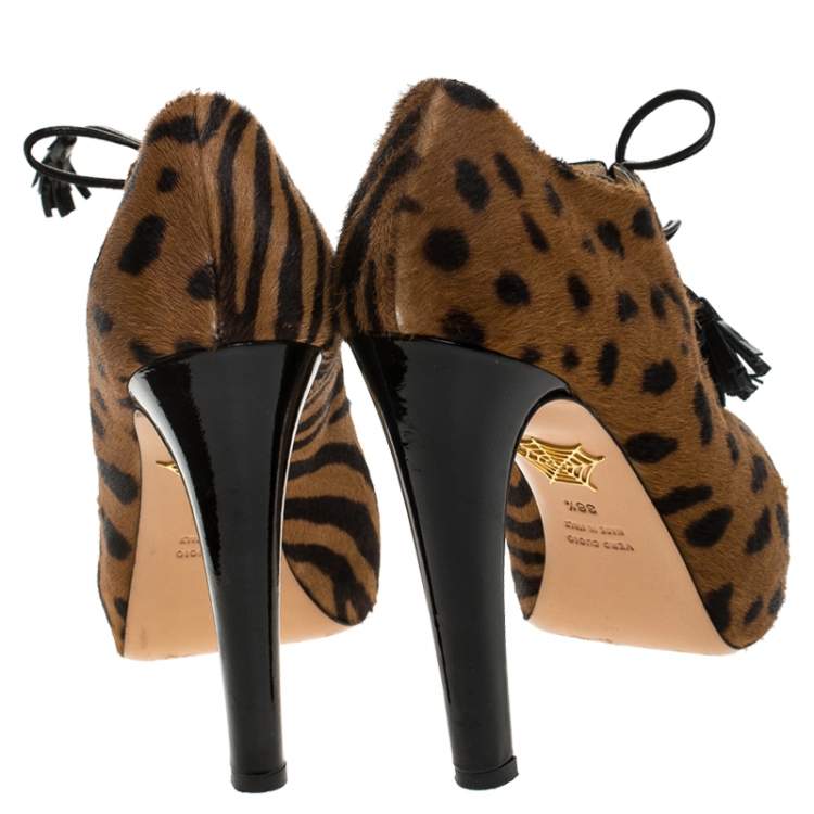 Pre Owned Charlotte Olympia Brown Leopard Print Calf Hair Ankle Booties Size 38.5