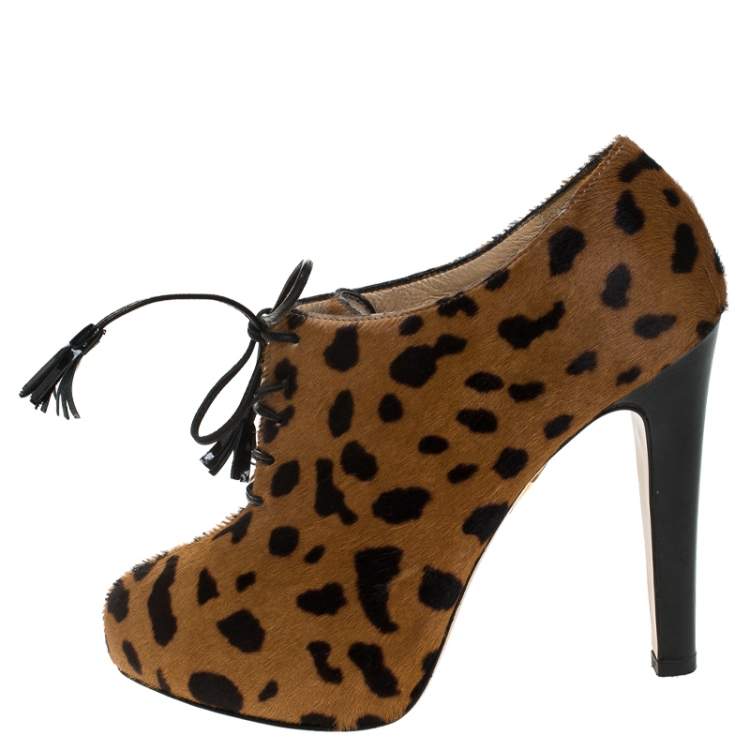 Pre Owned Charlotte Olympia Brown Leopard Print Calf Hair Ankle Booties Size 38.5
