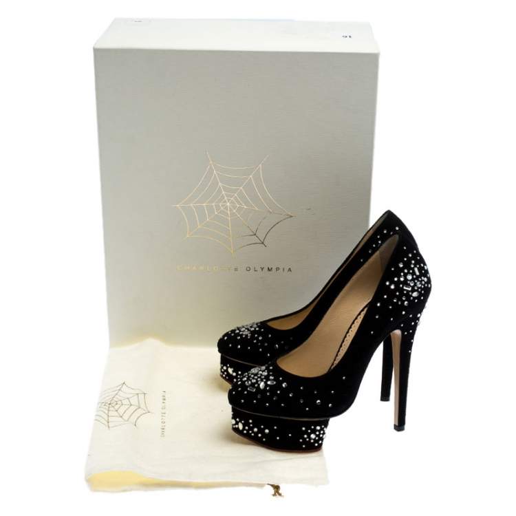 مملوكة مسبقًا Charlotte Olympia Black Crystal Embellished Suede Dolly Platform Pumps Size 35
