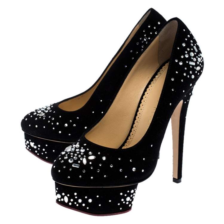 مملوكة مسبقًا Charlotte Olympia Black Crystal Embellished Suede Dolly Platform Pumps Size 35