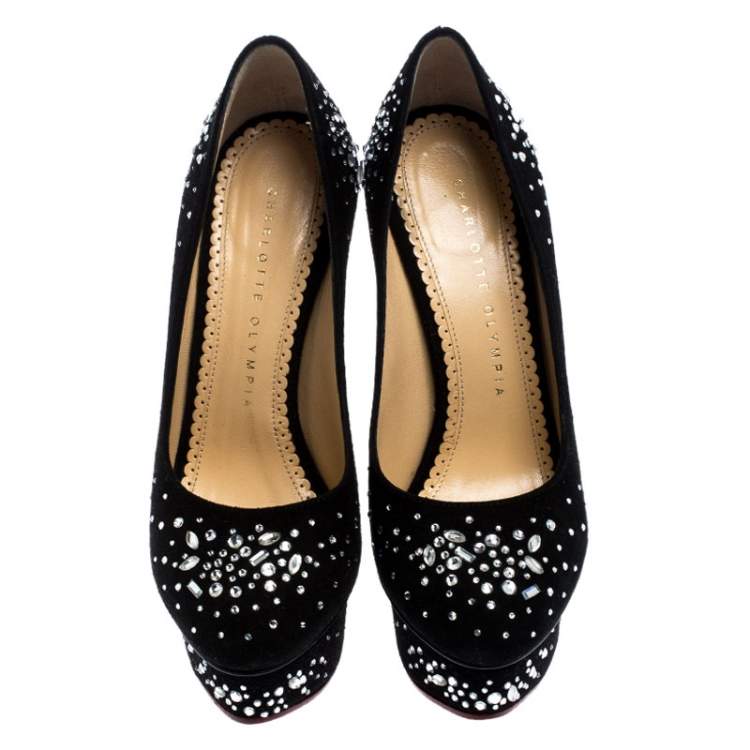 مملوكة مسبقًا Charlotte Olympia Black Crystal Embellished Suede Dolly Platform Pumps Size 35
