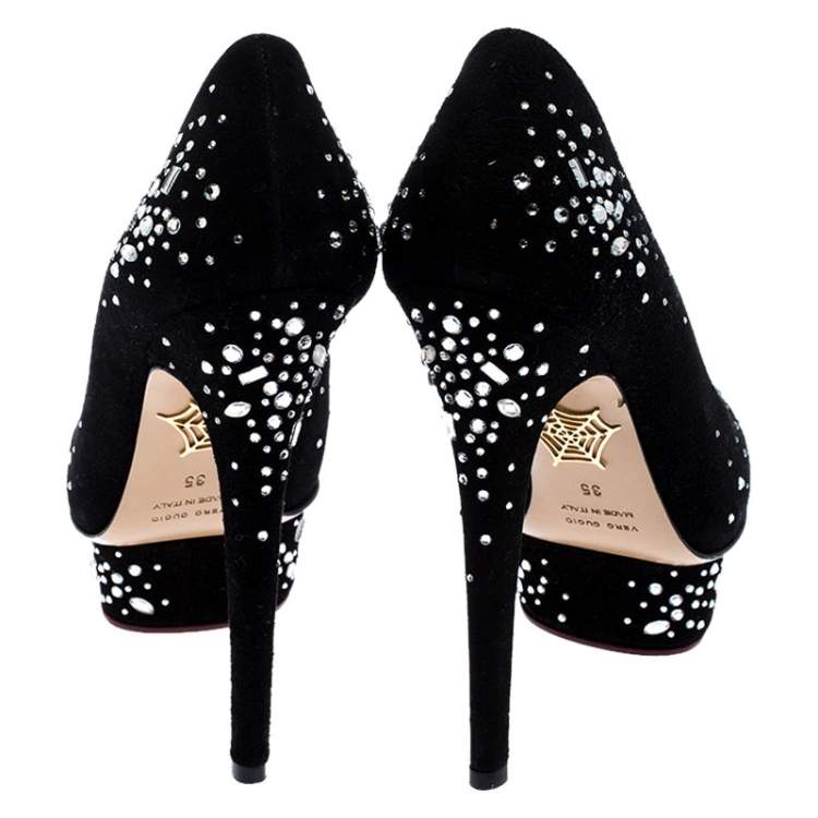 مملوكة مسبقًا Charlotte Olympia Black Crystal Embellished Suede Dolly Platform Pumps Size 35