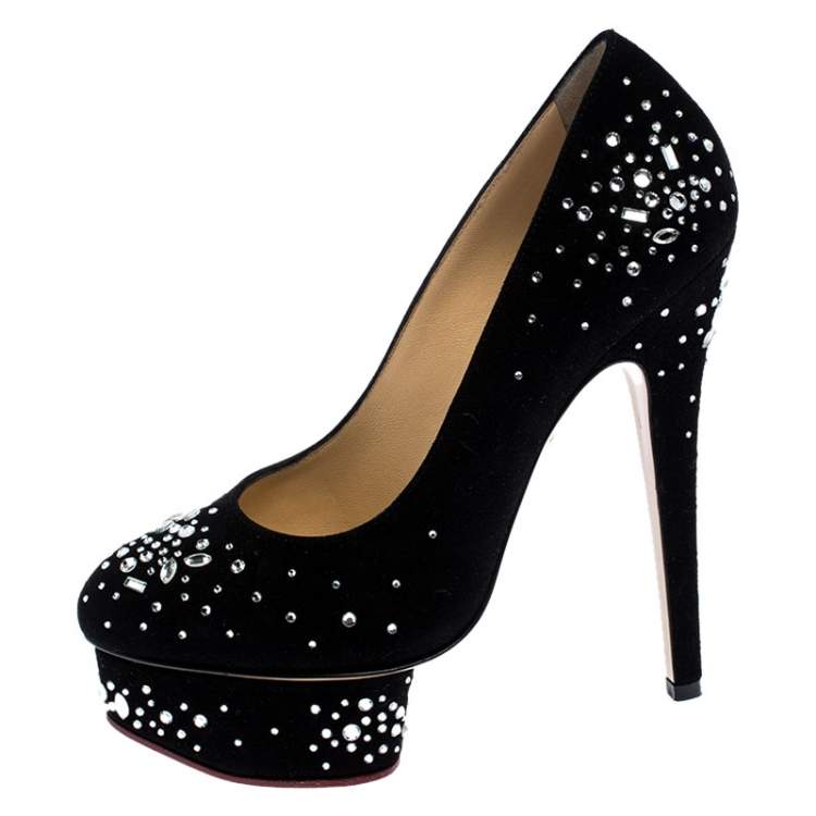 مملوكة مسبقًا Charlotte Olympia Black Crystal Embellished Suede Dolly Platform Pumps Size 35