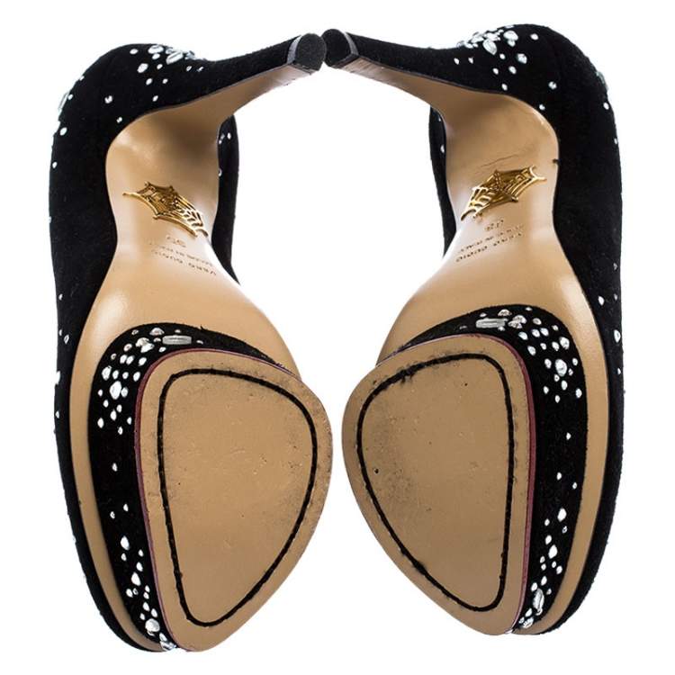 مملوكة مسبقًا Charlotte Olympia Black Crystal Embellished Suede Dolly Platform Pumps Size 35