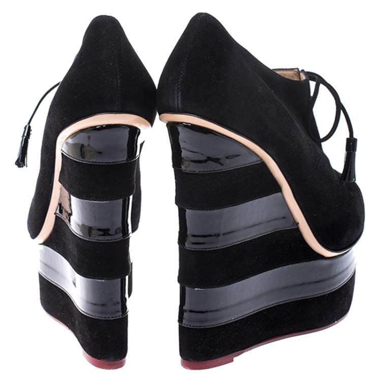 Pre Owned Charlotte Olympia Black Suede and Patent Leather Martha Wedge Derby Size 40