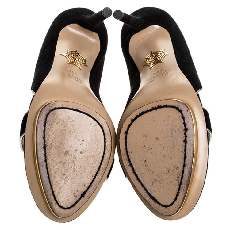Pre Owned Charlotte Olympia Black Suede Christine Open Toe Sandals Size 38.5