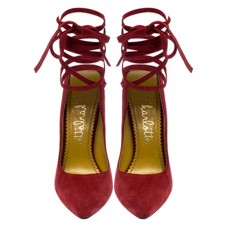 Pre Owned Charlotte Olympia Red Suede Sabine Wrap Pumps Size 36