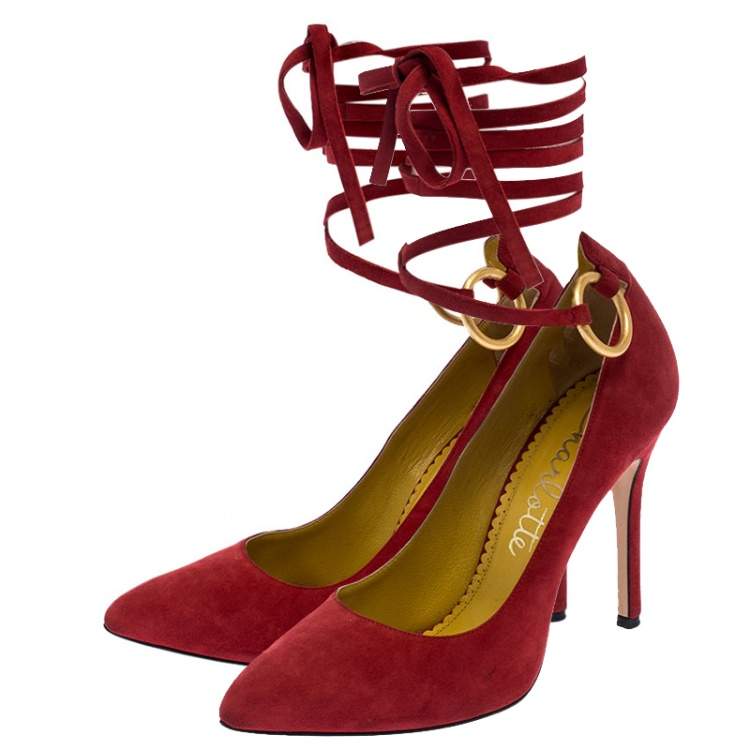 Pre Owned Charlotte Olympia Red Suede Sabine Wrap Pumps Size 36