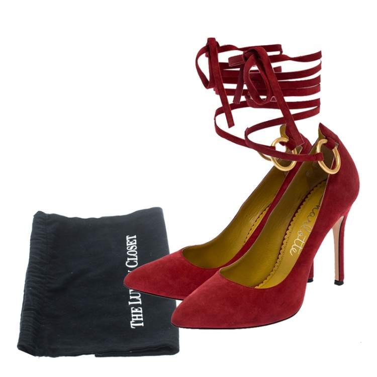 Pre Owned Charlotte Olympia Red Suede Sabine Wrap Pumps Size 36