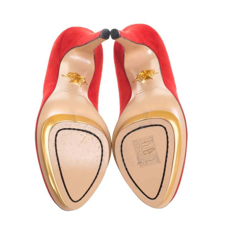 Pre Owned Charlotte Olympia Red Suede Dolly Platform Pumps Size 37