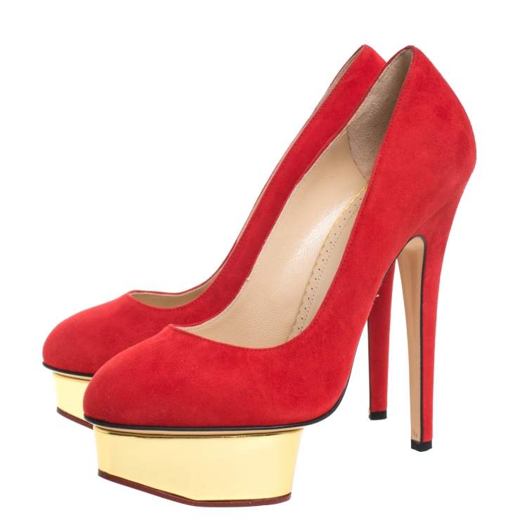Pre Owned Charlotte Olympia Red Suede Dolly Platform Pumps Size 37