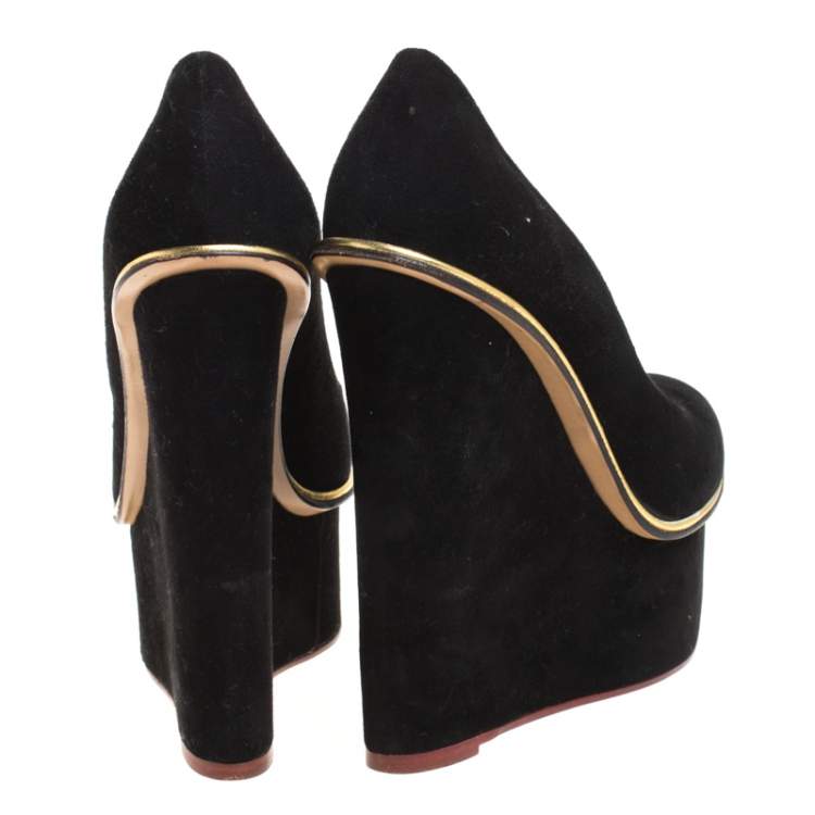 مملوكة مسبقًا Charlotte Olympia Carmen Black Suede Wedge Platform Pumps Size 38