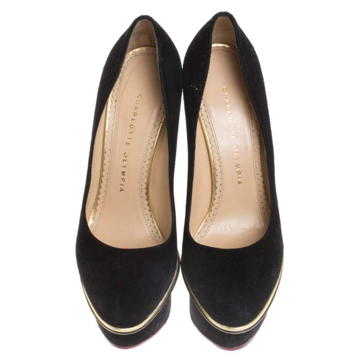 مملوكة مسبقًا Charlotte Olympia Carmen Black Suede Wedge Platform Pumps Size 38