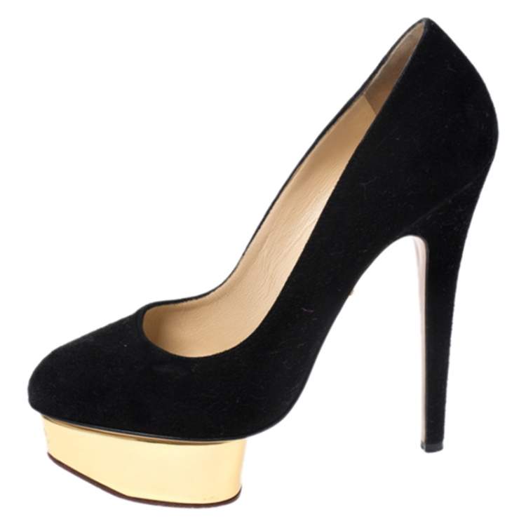 Pre Owned Charlotte Olympia Black Suede Dolly Platform Pumps Size 37.5