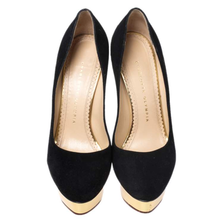 Pre Owned Charlotte Olympia Black Suede Dolly Platform Pumps Size 37.5