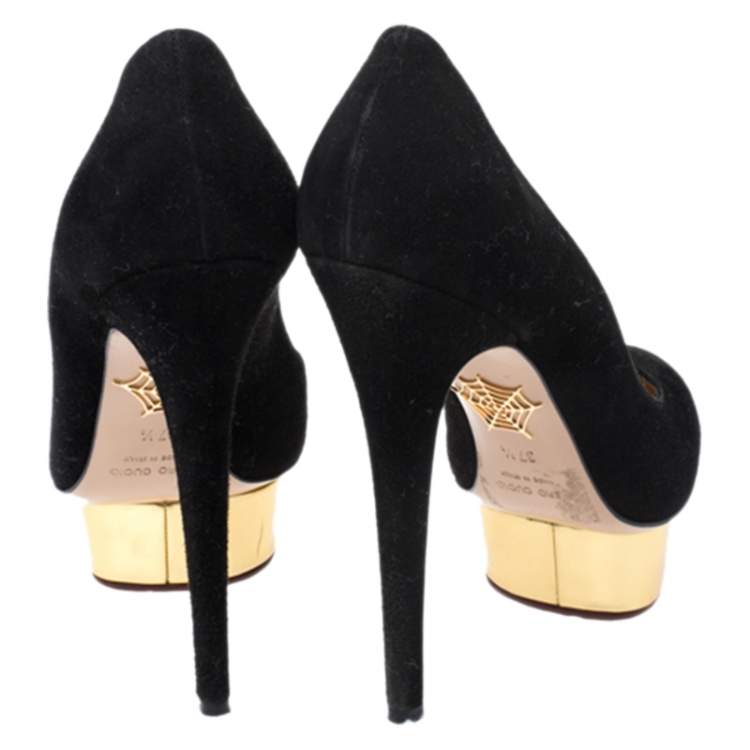 Pre Owned Charlotte Olympia Black Suede Dolly Platform Pumps Size 37.5