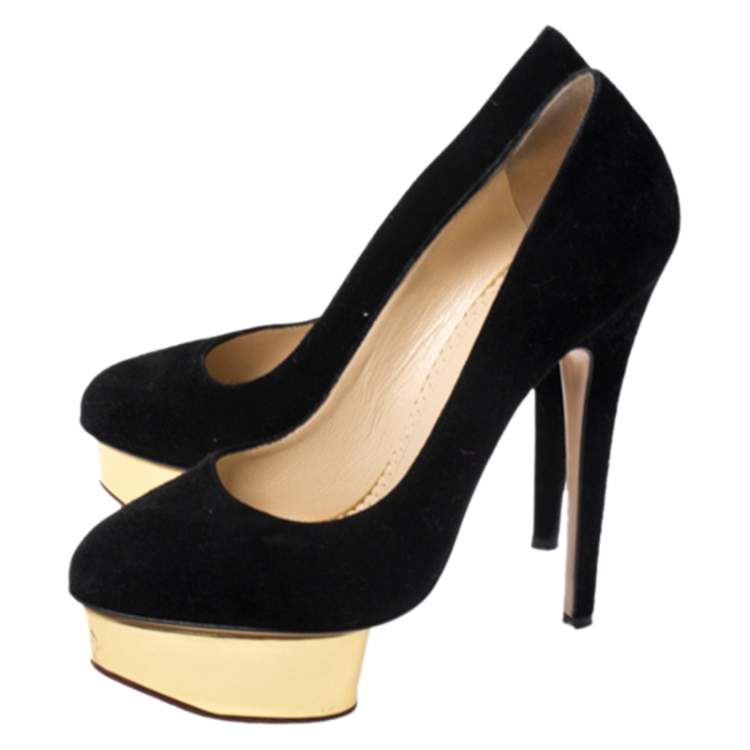 Pre Owned Charlotte Olympia Black Suede Dolly Platform Pumps Size 37.5