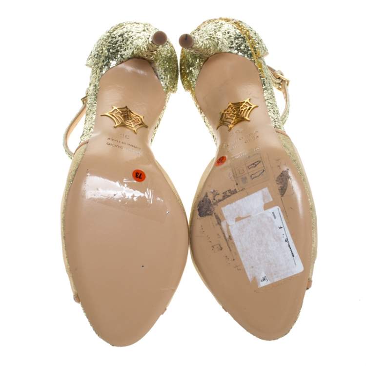 Pre Owned Charlotte Olympia Gold/White Glitter and Leather Margherita Ankle Strap Sandals Size 36