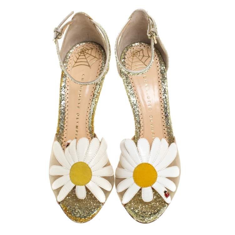 Pre Owned Charlotte Olympia Gold/White Glitter and Leather Margherita Ankle Strap Sandals Size 36