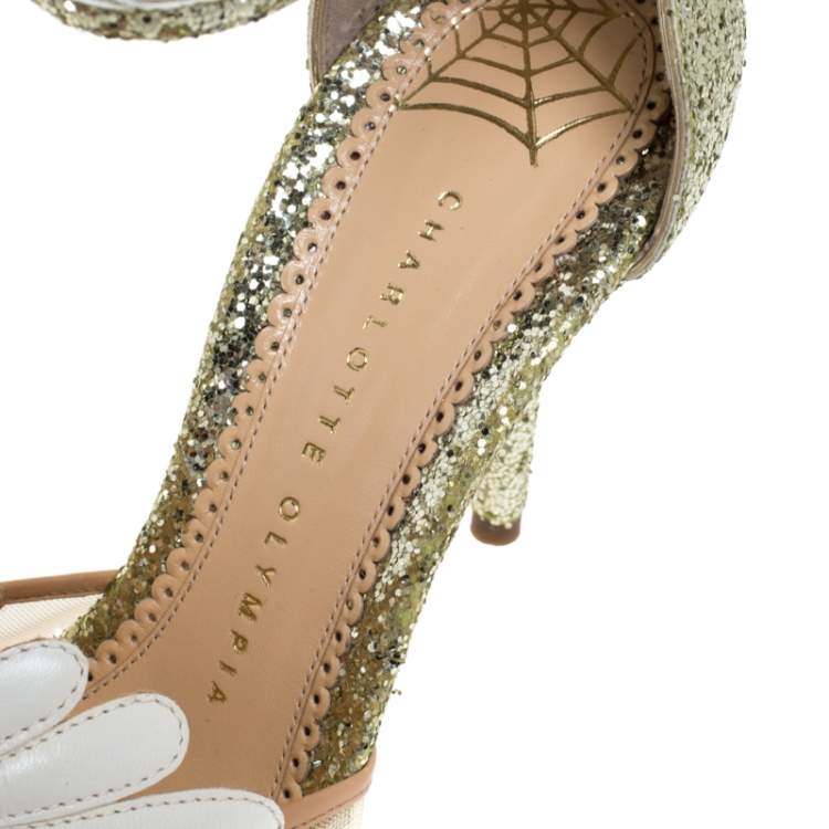 Pre Owned Charlotte Olympia Gold/White Glitter and Leather Margherita Ankle Strap Sandals Size 36