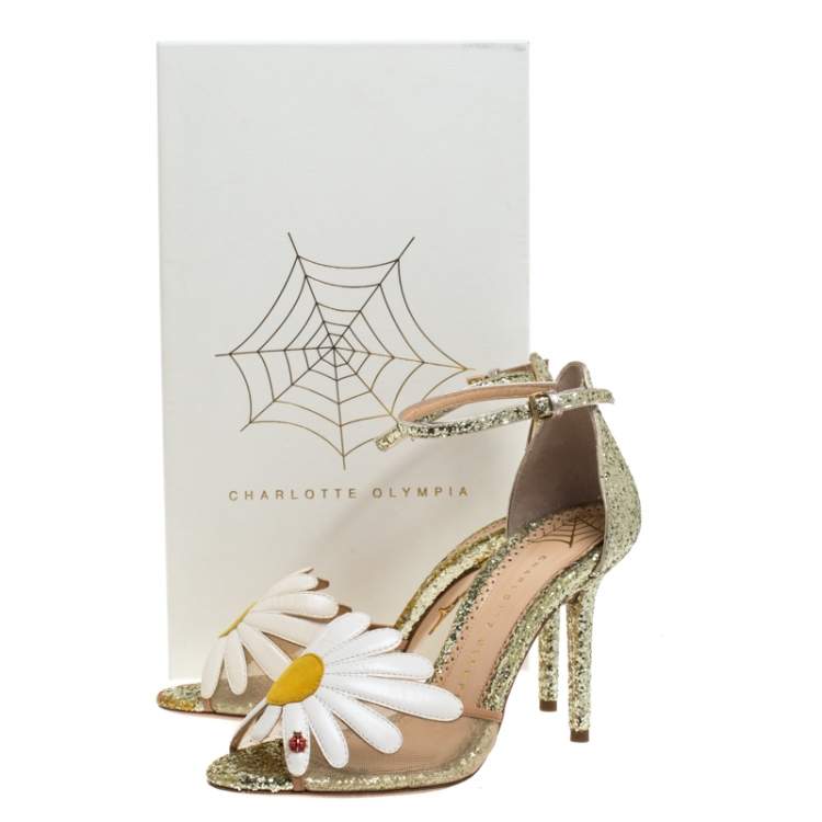 Pre Owned Charlotte Olympia Gold/White Glitter and Leather Margherita Ankle Strap Sandals Size 36