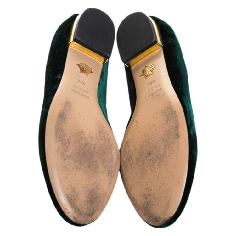 Pre Owned Charlotte Olympia Dark Green Velvet Kitty Embroidered Satin Flats Size 36.5