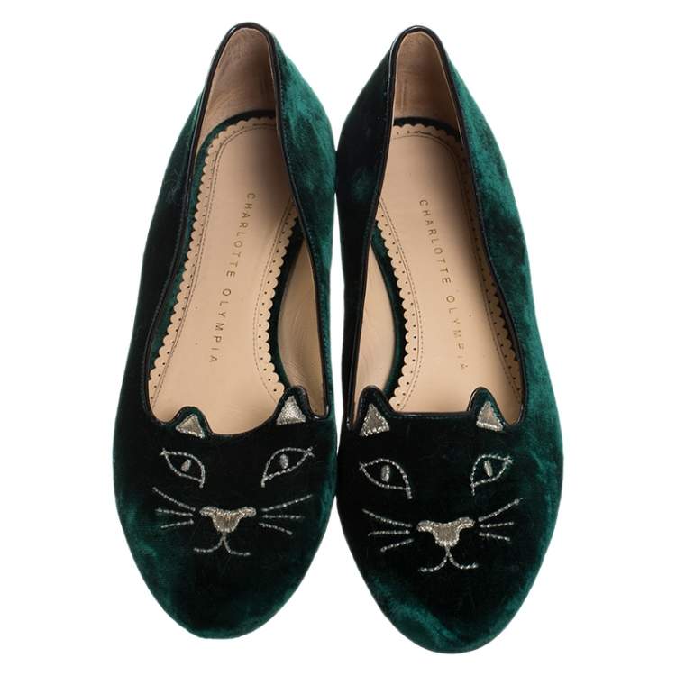 Pre Owned Charlotte Olympia Dark Green Velvet Kitty Embroidered Satin Flats Size 36.5