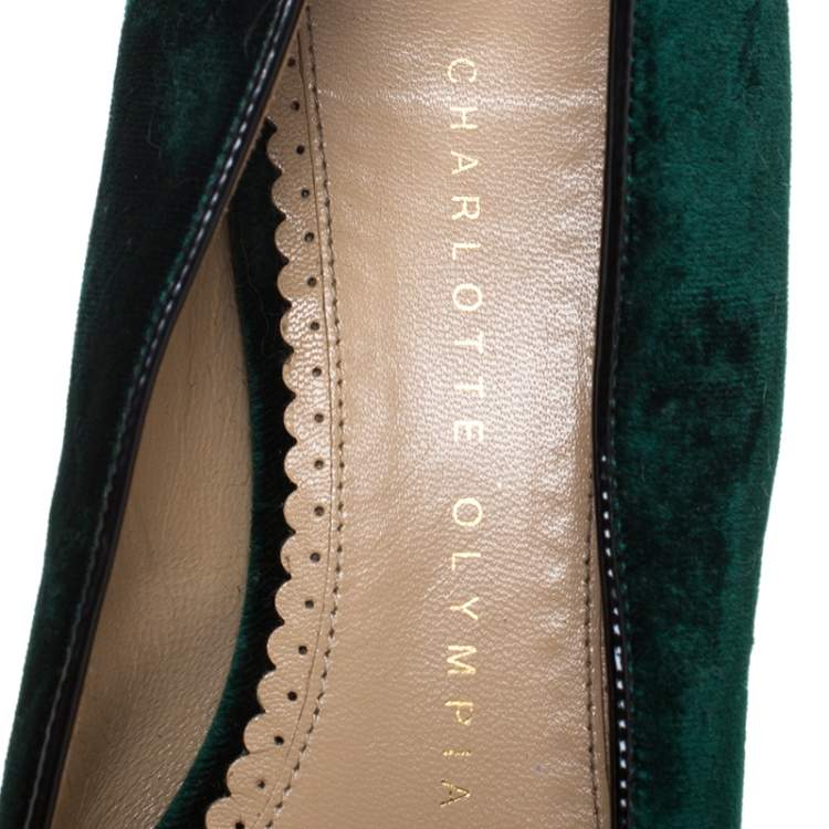 Pre Owned Charlotte Olympia Dark Green Velvet Kitty Embroidered Satin Flats Size 36.5