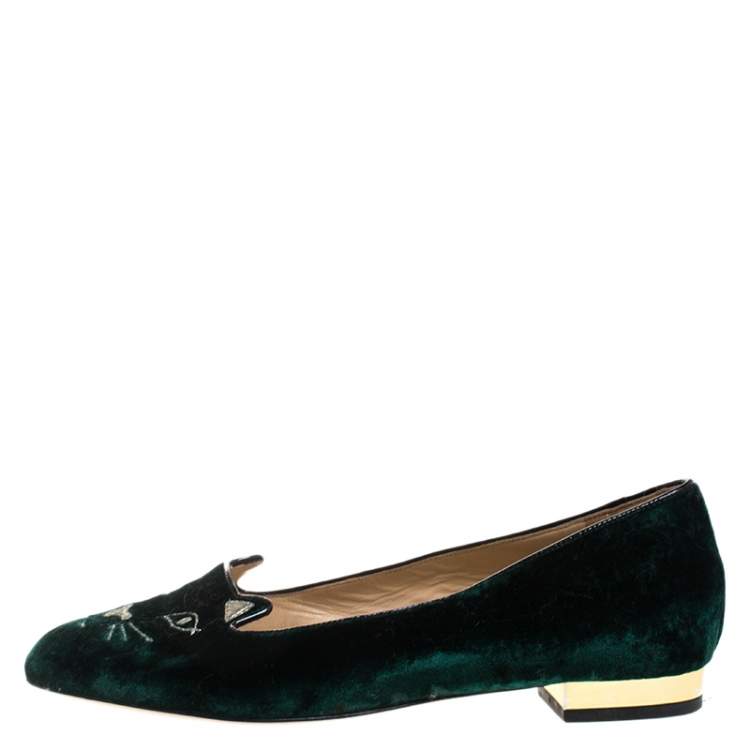 Pre Owned Charlotte Olympia Dark Green Velvet Kitty Embroidered Satin Flats Size 36.5