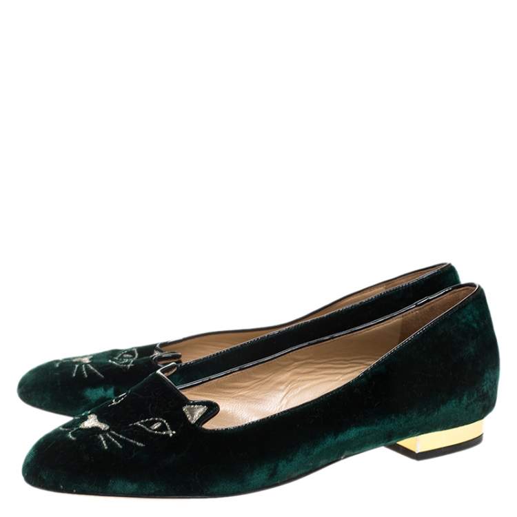 Pre Owned Charlotte Olympia Dark Green Velvet Kitty Embroidered Satin Flats Size 36.5