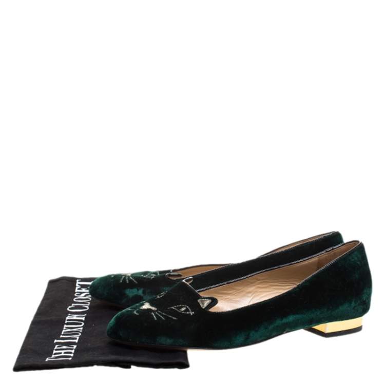 Pre Owned Charlotte Olympia Dark Green Velvet Kitty Embroidered Satin Flats Size 36.5