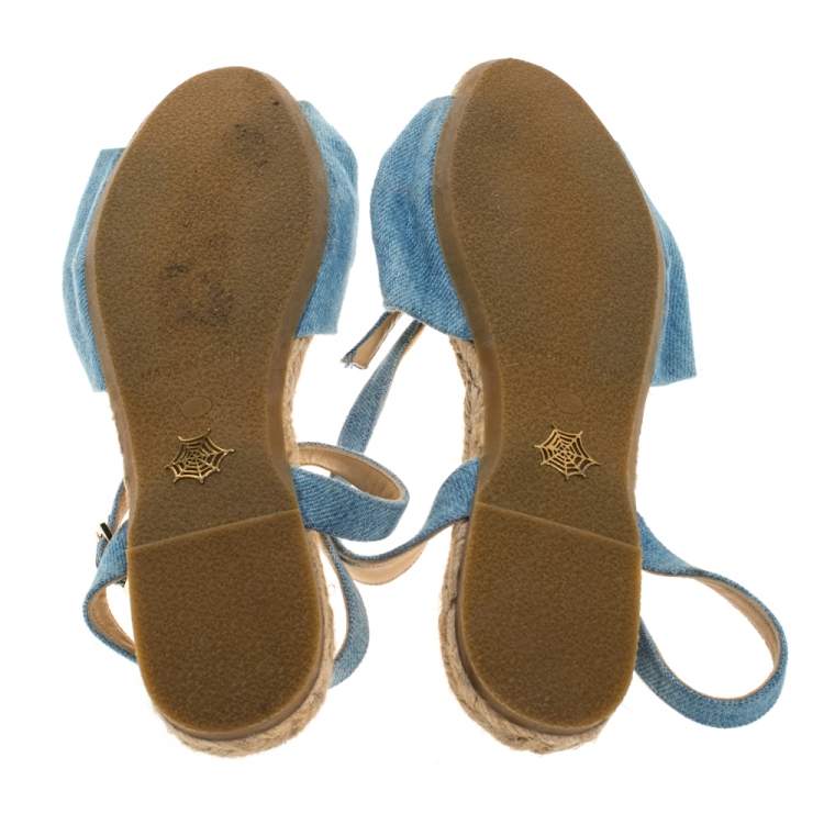مملوكة مسبقًا Charlotte Olympia Blue Denim Fabric Marina Knot Ankle Strap Flat Sandals Size 35