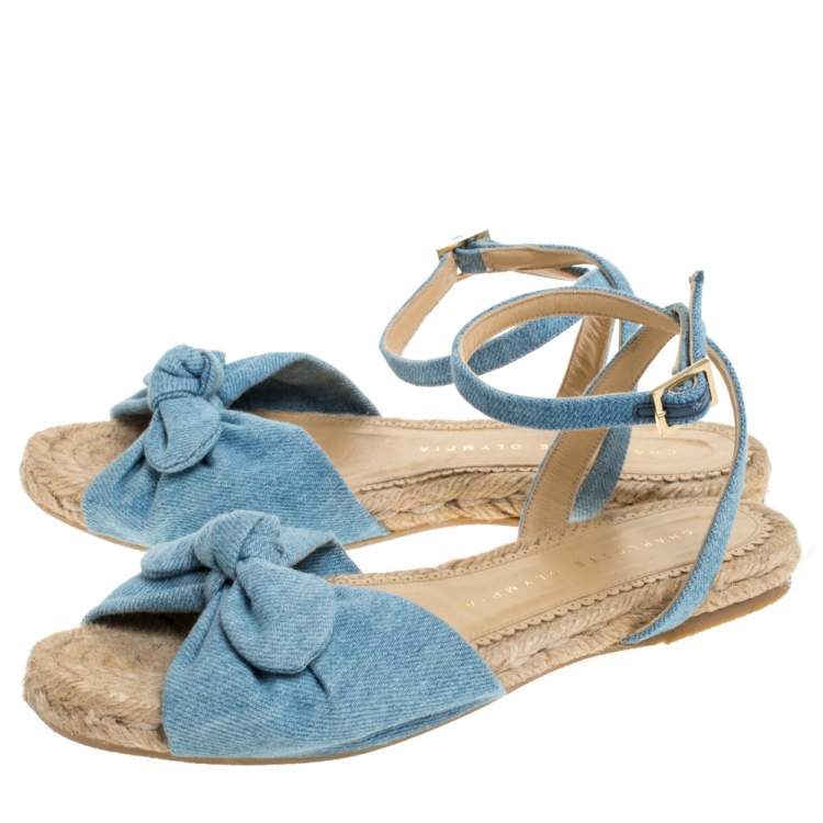 مملوكة مسبقًا Charlotte Olympia Blue Denim Fabric Marina Knot Ankle Strap Flat Sandals Size 35