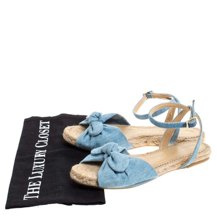مملوكة مسبقًا Charlotte Olympia Blue Denim Fabric Marina Knot Ankle Strap Flat Sandals Size 35