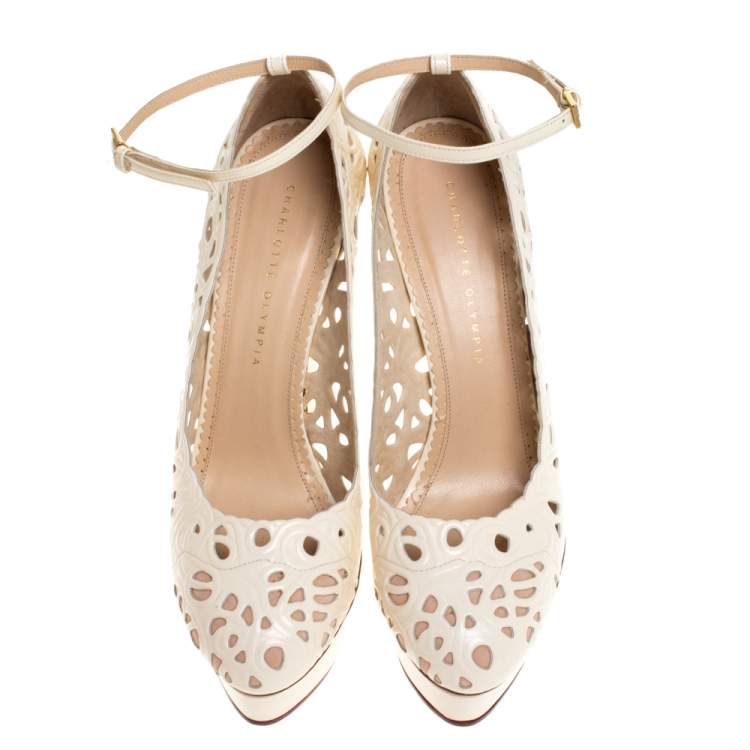 Pre Owned Charlotte Olympia Cream Cut Out Leather Scribble Dolores Ankle Strap Platform Pumps Size 41