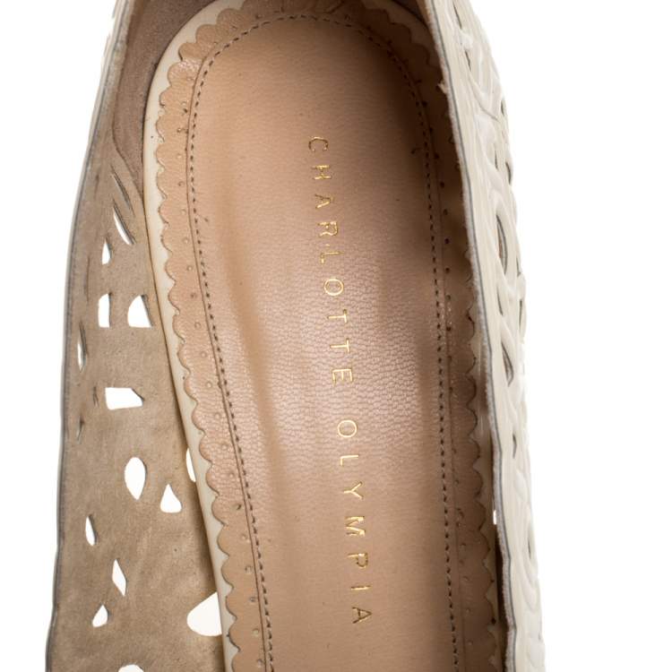Pre Owned Charlotte Olympia Cream Cut Out Leather Scribble Dolores Ankle Strap Platform Pumps Size 41