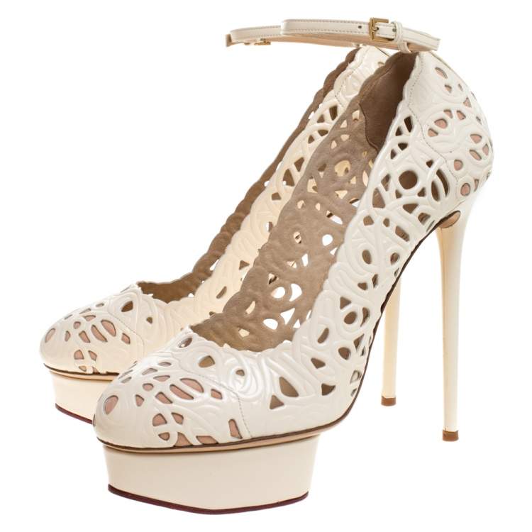 Pre Owned Charlotte Olympia Cream Cut Out Leather Scribble Dolores Ankle Strap Platform Pumps Size 41