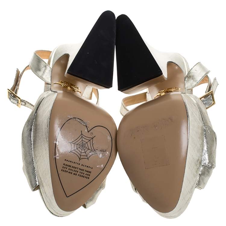 Pre Owned Charlotte Olympia Metallic Silver Lame Fabric Farrah Knot Platform Sandals Size 38