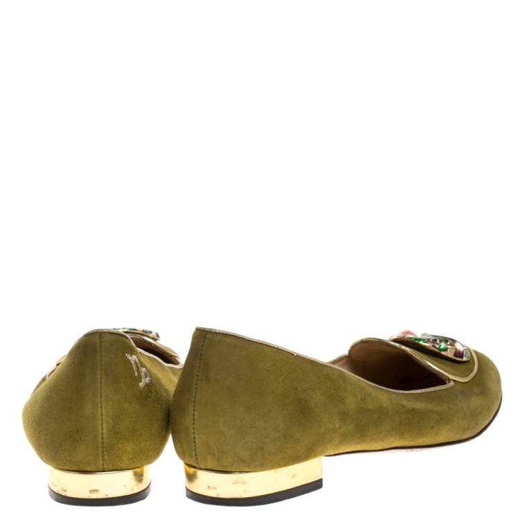 Pre Owned Charlotte Olympia Green Suede Capricorn Smoking Slippers Size 37.5