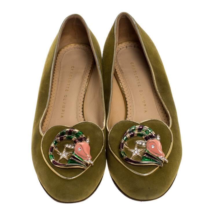 Pre Owned Charlotte Olympia Green Suede Capricorn Smoking Slippers Size 37.5