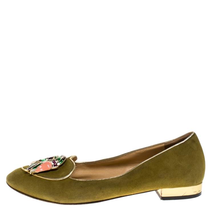 Pre Owned Charlotte Olympia Green Suede Capricorn Smoking Slippers Size 37.5