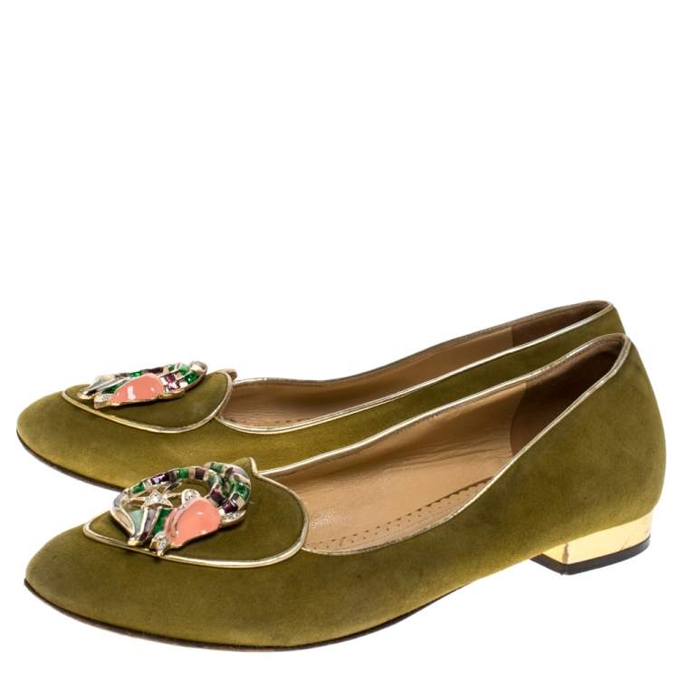 Pre Owned Charlotte Olympia Green Suede Capricorn Smoking Slippers Size 37.5