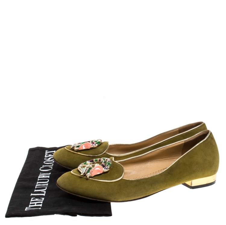Pre Owned Charlotte Olympia Green Suede Capricorn Smoking Slippers Size 37.5